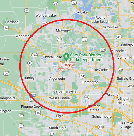 Map of the Looking Glass Cleaning service area. 20 mile radius around Cary, IL.